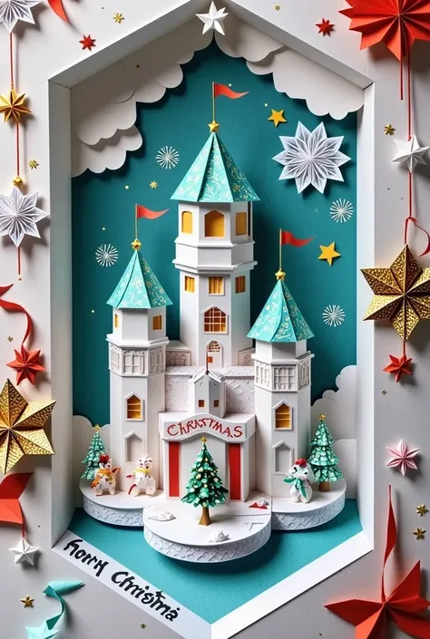 Cardboard art engraving,A realistic close-up photo of a handmade Christmas pop-up card,made entirely from carefully cut and folded paper or card stock. The card opens,revealing an elaborate 3D scene made from layered paper: a magnificent ice castle,surroun...