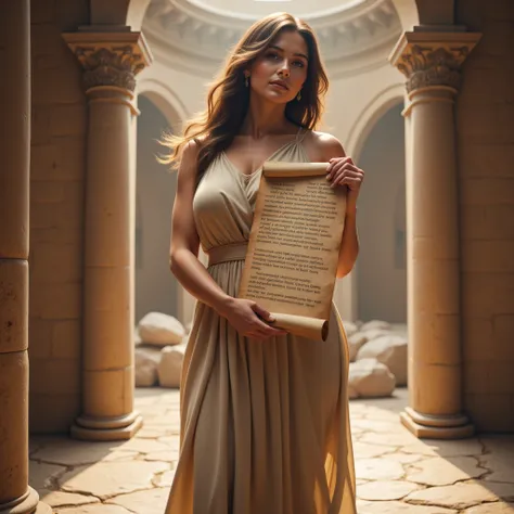 A hyper-realistic ultra wide scenery image shot of a prehistoric beautifully anciently rome female minister holding a big papyrus ideogram latin script, symmetrically balanced in image composition. The beautifully ancient minister is depicted in a full bod...