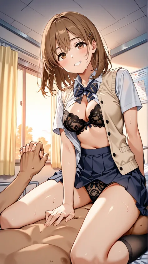       top quality   、masterpiece、(                1 girl :1.3)、Looking up from the front 、  viewer、

White hospital bed  、   school infirmary  、  evening、  window、Schoolyard、  sunset

black lace panties     、   high school students,

uniform,  Unbutton the...