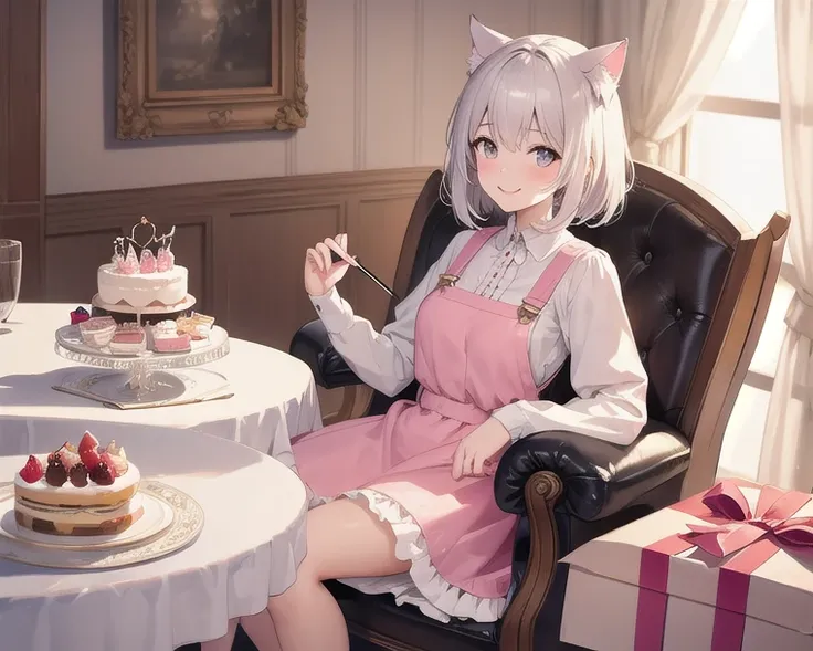 Top quality, high resolution, detailed, beautiful image quality, one girl, mature atmosphere, 24 years old, frilly pink dress, cute dress, cat ears, short hair, lolicon feel, smiling face, cute design based on pink, stylish table and chair, sitting on chai...