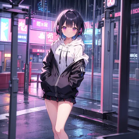  8k resolution、((High quality))、((masterpiece))、(( more details))、 1 female、Alone、amazing nonsense 、big hood、  headphones 、street、Outdoors、rain、 neon、 short hair 、 girl with loli face 、 I put my hand in my pocket、 miniskirt、Water Drop