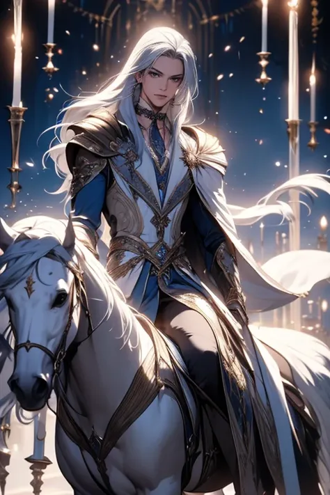 roomy，solo，8k, best quality, masterpiece, Shoulder blades， pretty face， Detailed pubic hair ， dynamic angle ，Palace of Versailles ，Adonis，magnificent cloak ， choker necklace， Long blue-silver hair， Penetrating look ，RIDING A HORSE，