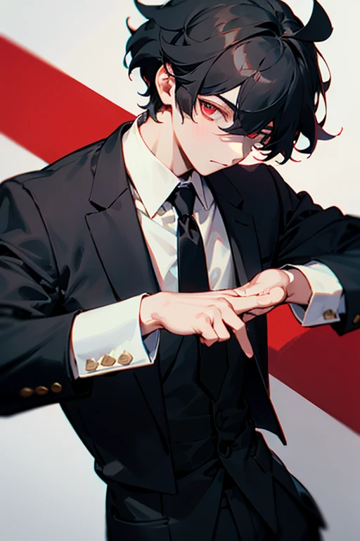 28-year-old boy , black hair with some of her eyes covered with part of her hair, with dull red eyes , good physique, a formal black suit , red tie.