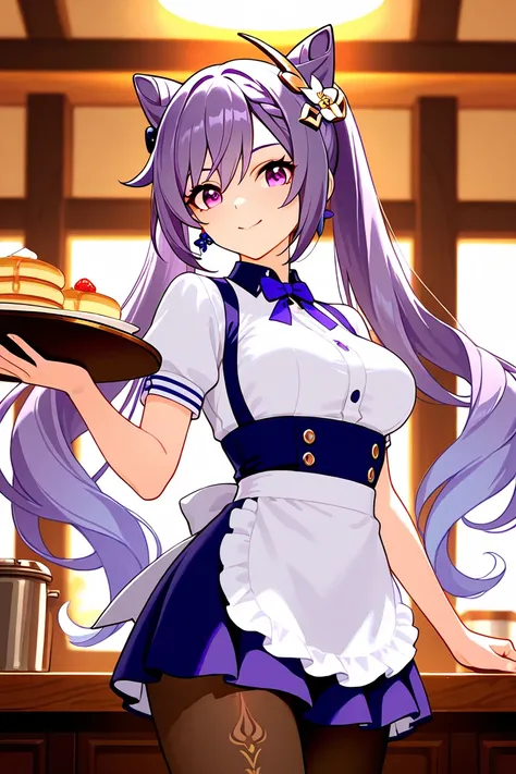 8k,masterpiece, best quality, ultra detailed, high resolution, super fine illustration,Keqing (Genshin impact), 1girl, solo, smile ,purple eyes, purple hair, cone hair bun, double bun, braided bangs, long hair, medium breasts, waitress uniform,miniskirt, p...