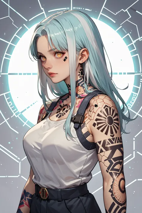 Score_9, score_8_up, score_7_up, source_anime, detailed 90s anime style, rating_safe, rating_questionable;; Lyra, sliver hair, large breasts, ornament tattoo, tattoo lines, tattoo honeycomb, geometry tattoo, cyberpunk tattoo, dotwork ornamental tattoo, tri...