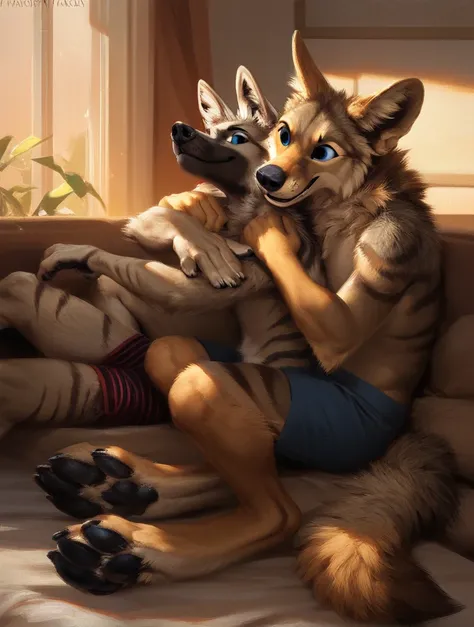 score_9, score_8_up, score_7_up, source_furry, rating_safe, by kenket, anthro, duo, male/male, coyote, striped hyena, blue eyes, legs, feet, toes, black pawpads, shiny pawpads, hind paws, pawpads, wrinkled red boxers, on lap
