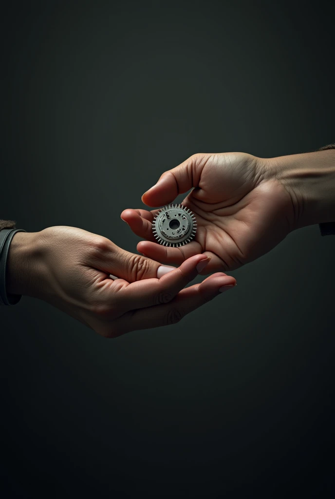  two man's hands , one more delicate than the other holding a small gear with a dark background