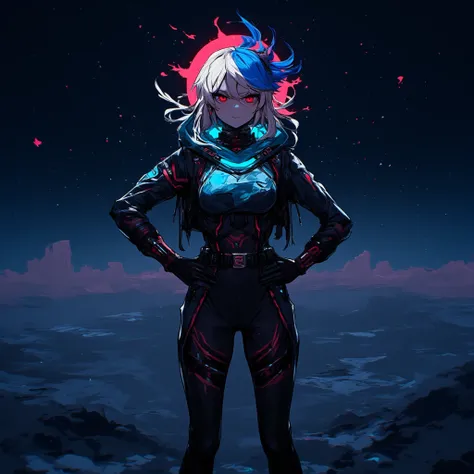 (Evil astronaut girl),With platinum hair and half blue.