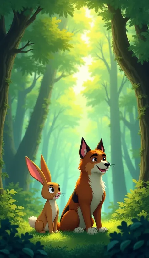 A dense, vibrant green forest with tall trees and sunlight filtering through the leaves. In the foreground, a brave rabbit (Raju) and a strong, loyal dog (Bobo) stand side by side, looking out into the distance with determination. The rabbit is light brown...