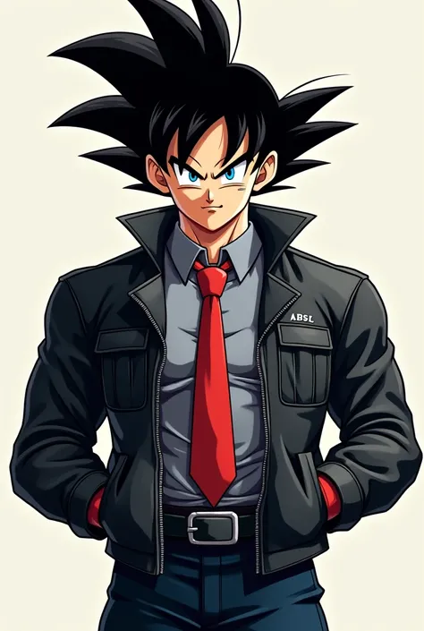 Goku with black jacket and gray shirt and red tie and black hair and blue eyes dbs cartoon style 