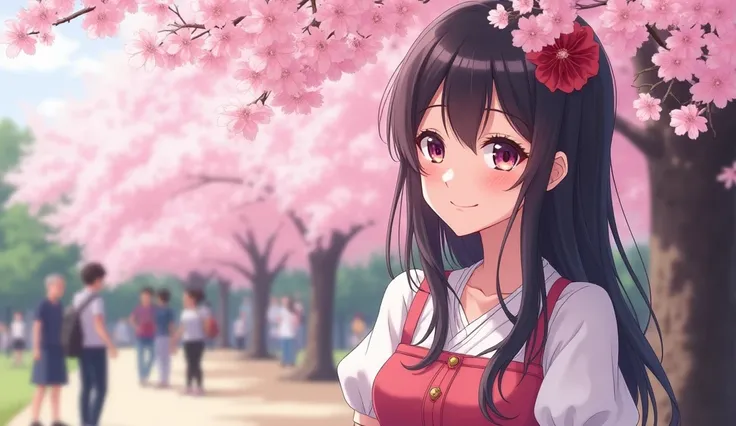  beautiful Japanese woman with dark hair ,  cute dress 、She is smiling and looking at me under a tree in full bloom、 in a park with lots of cherry blossoms blooming 、 A lot of people are watching the cherry blossoms in the back、portrait、 best image quality...