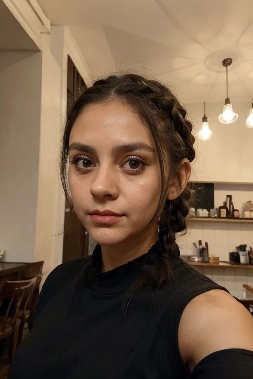 selfie,   girl .  Shoulder-length black hair tied in a ponytail and braided,  big eyes café oscuro e ojeras, serious look,  wrinkled nose ,  big eyes, medium mouth and round face .