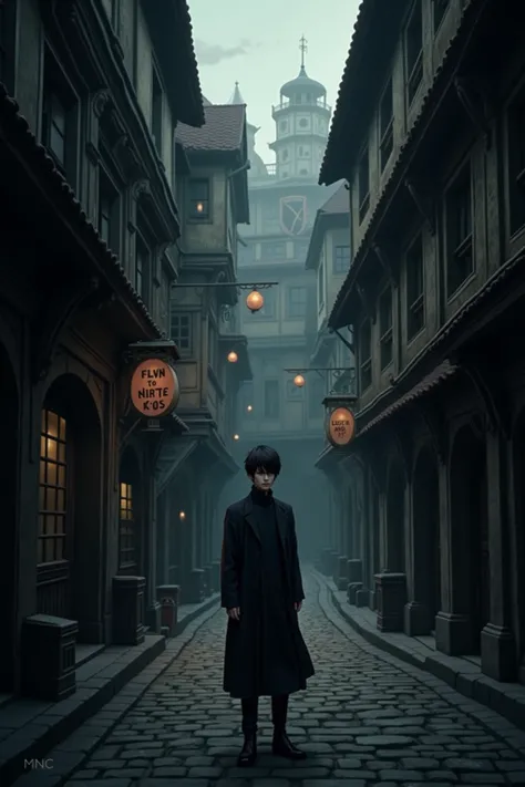 Street in a medieval European city. anime style. The atmosphere is gloom. the man Character black hir. bkack eye