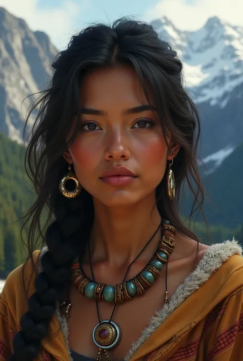  Create a woman with an indigenous miscegenation from the Northwest Coast of North America and the Andes of South America, whose skin color is between 3°-4° on the Fitzpatrick scale ,  whose face corresponds to phlegmatic personality characteristics