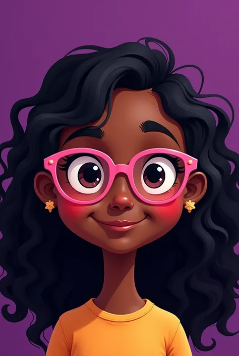 American cartoon style brown girl with long black curly hair wearing rose colored glasses with purple background 