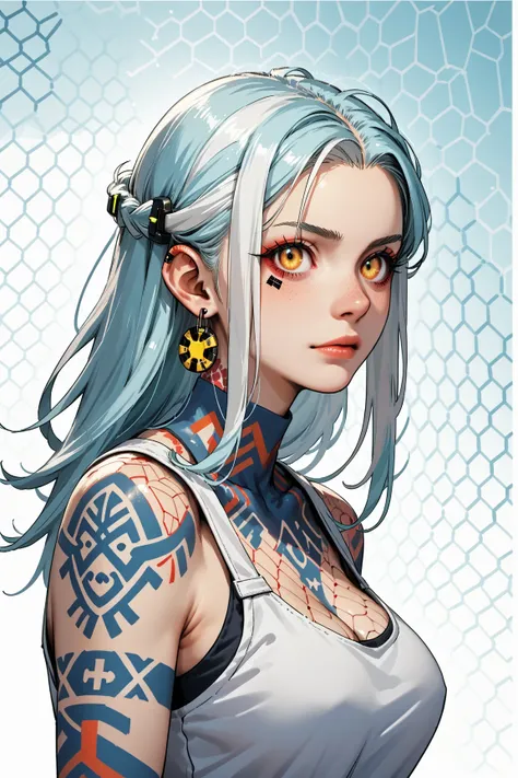 Score_9, score_8_up, score_7_up, source_anime, detailed 90s anime style, rating_safe, rating_questionable;; Lyra, sliver hair, large breasts, ornament tattoo, tattoo lines, tattoo honeycomb, geometry tattoo, cyberpunk tattoo, dotwork ornamental tattoo, tri...