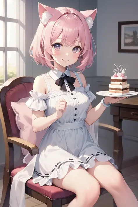 Top quality, high resolution, detailed, beautiful image quality, one girl, mature atmosphere, 24 years old, cute frilly pale pink dress, cat ears, short hair, lolicon feel, smiling face, cute design based on pink, table and chair, sitting on chair, overall...