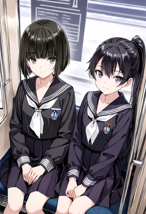 ((Highest quality)), ((masterpiece)), (detailed), 
(2girls:1.5),slender girls,(a girl with blown hair in ponytail:1.1), Cloth dark navy sailor clothes ,dark navy sailor suit with white stripes, (dark navy long sleeb:1.3) ,navy flared skirt ,(a girl with bl...