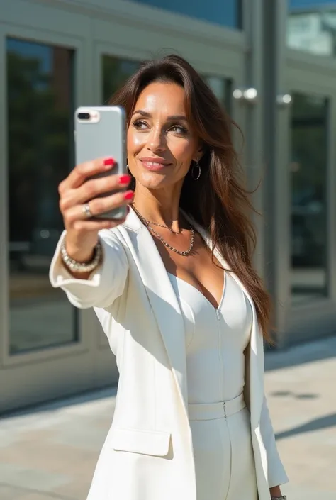 Portrait of a beautiful attractive 60 year old and wrinkly faced but still very beautiful athletic tanned female super model with Long messy brunette hair and Brown eyes and a sexy Smile she is wearing an open white Business Blazer and has big Well shaped ...