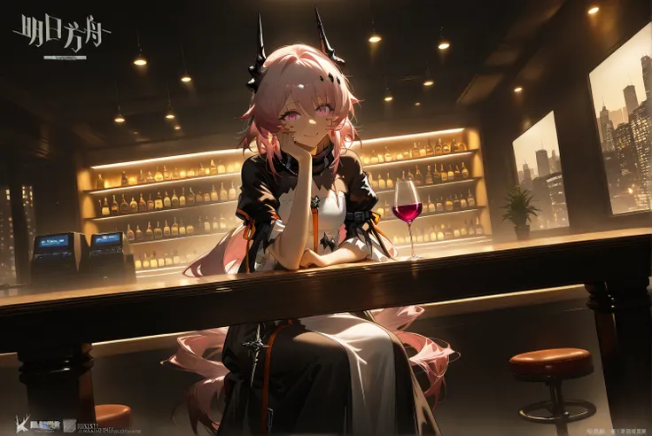 female,(((alone)))((Theresa)),((Theresa_\(arknights\))), Theresa_\(arknights\),  pink hair color 。Pink Eyes。longhair。Black horn 。  white and black dress,(Focus on face :1.5),smile,,Photorealistic Background,Bar counter, is sitting, best quality, amazing qu...