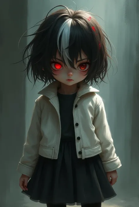 a terrifying girl with short dark brown hair with white and red locks,  and some tufts covering her left eye , His clothing is a white jacket, a black skirt  , And some black tights  