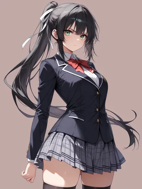 ((masterpiece, best quality, extremely detailed)), 1girl, black hair, long hair, ponytail, green eyes, hair ribbon, school uniform, black thighhighs, serious, looking at viewer, cowboy shot, no cropping, simple background,