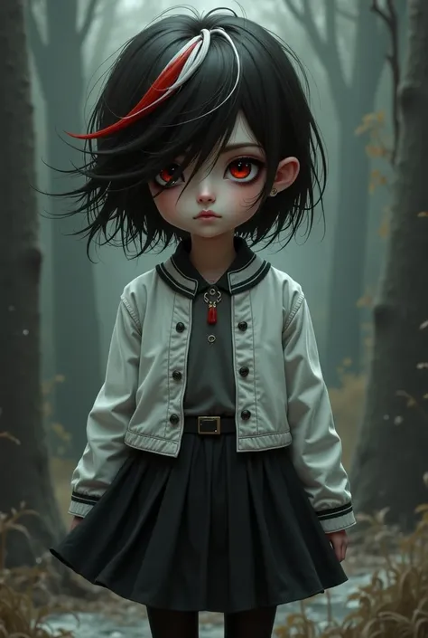 a terrifying 20-year-old girl with short dark brown hair with white and red locks,  and some tufts covering her left eye , His clothing is a white jacket, a black skirt  , And some black tights ,  with cat ears