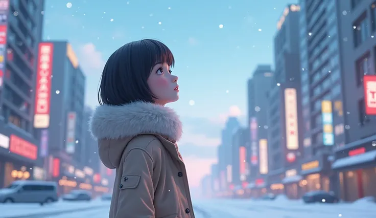 3d animation, beautiful anime girl in winter suit, winter season, stand still, Tokyo city, she is looking on the sky, no snowflake, she so beautiful.