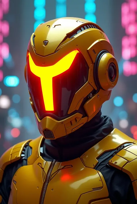 gold helmet with glowing t letter super futuristic techno neon
