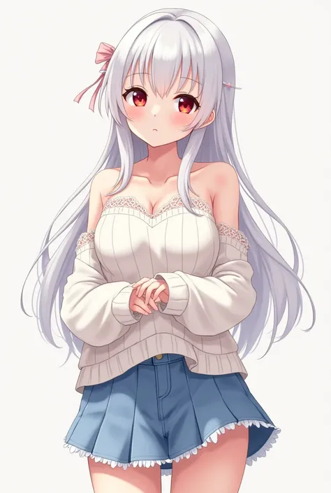  15-year-old anime girl , Clothes: An outfit that has a sweet and romantic style .  It combines a white knitted sweater with delicate details such as lace ,  a small light pink ribbon and bare shoulders ,  along with a short denim skirt for a casual yet fe...