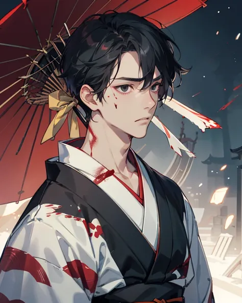 Create an ultra detailed HD image, male boy,  detailed face HD, wounds, Yukata, kimono, beautiful black eyes, cabello negro, ,  white skin,  profiled nose,  grim expression ,  Japanese temple, transparent particles, courteous, blood. 