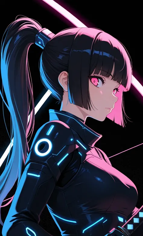 masterpiece, best quality, amazing quality, character focus, minimalist, side angle, upper body, hime cut, long ponytail,cybernetic,holding katana,posing,dynamic angle, face focus, looking at viewer, backlight, one side light,circulars background, blue neo...