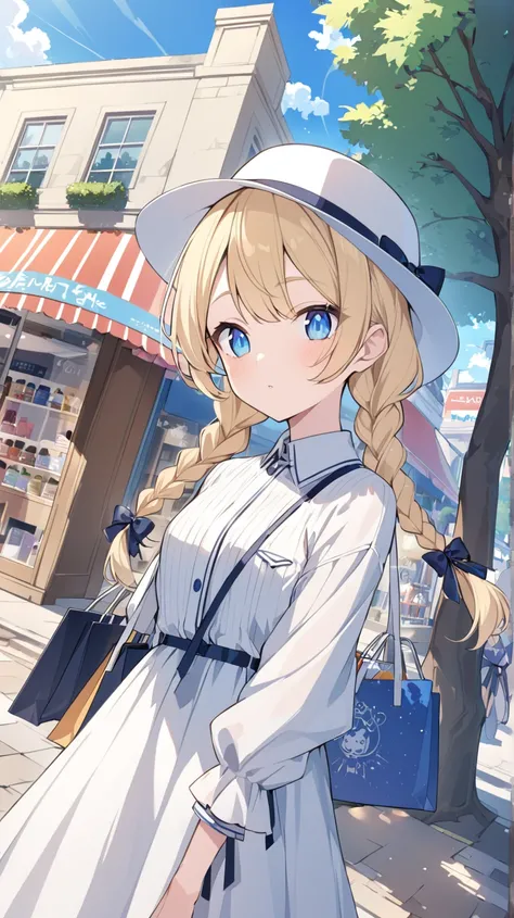 Clear skies、street tree、 shopping、Fashionable clothing store、 1 girl in the best, blue eyes, Blonde、 braids、hat、 anime style、 Dutch angle, ribbon,  accessories, 