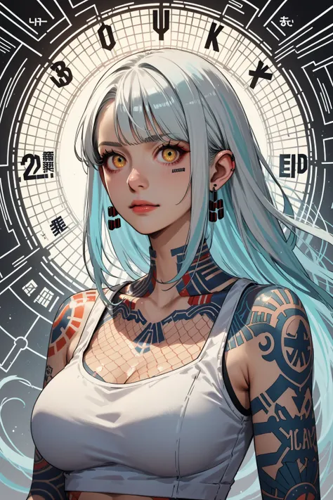 Score_9, score_8_up, score_7_up, source_anime, detailed 90s anime style, rating_safe, rating_questionable;; Lyra, sliver hair, large breasts, haply and dumb expression, ornament tattoo, tattoo lines, tattoo honeycomb, geometry tattoo, cyberpunk tattoo, dot...