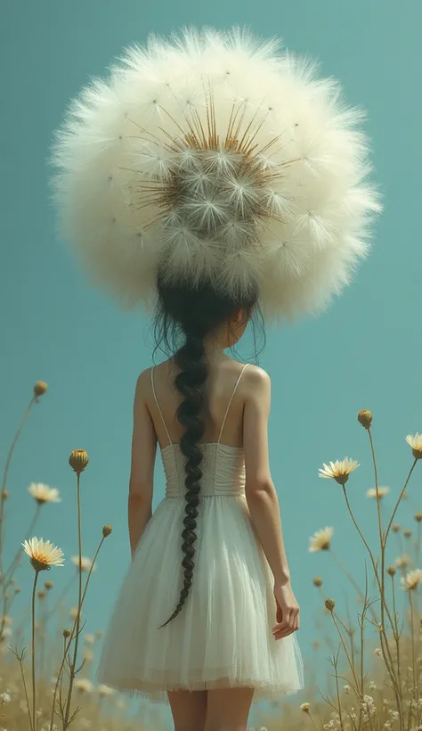 dusty blue background , girl,
 back view ,  close-up ,   huge fluffy dandelion like a head,  stem like spine  ,
Digital Art,
Surrealism,
 professional photo ,