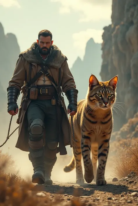 A handsome man walks forward while guiding a giant cat