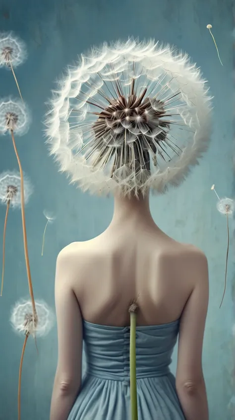 dusty blue background , girl,
 back view ,  close-up ,   huge fluffy dandelion like a head,  stem like spine  ,
Digital Art,
Surrealism,
 professional photo ,