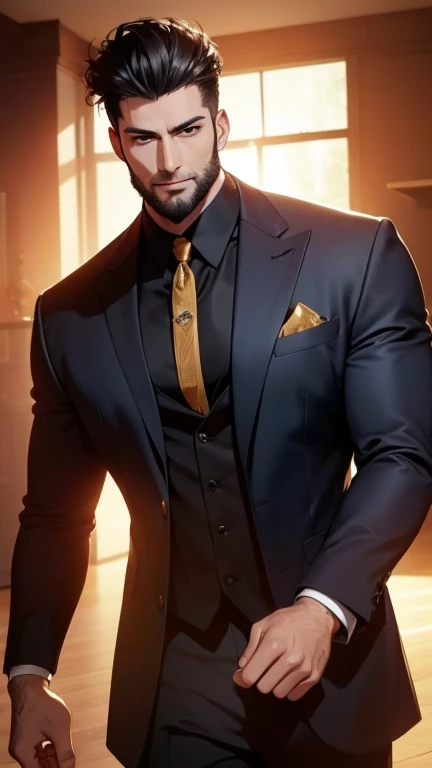 ( best quality,4K,8k, highres, masterpiece:1.2), ultra-detailed ,(realistic,photorealistic,photo-realistic:1.37),34 years old, man,3 day beard,Beautiful anime,Portraits,strong,Masculine, dark haired ,sharp jaw,  mesmerizing eyes  , perfectly combed hair,co...