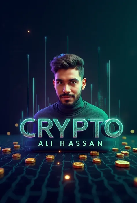  "Create a 3D profile picture with the following specifications:  Name: Crypto Ali Hassan  Background: A futuristic cryptocurrency-related background (e.g. blockchain pattern, crypto coins, etc.)  Effects:  - 3D effect to make the name and background stand...