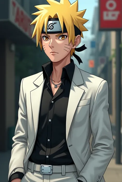  Naruto Uzumaki in a white suit ,  a black layer ,  blond hair and three mustache marks on his face