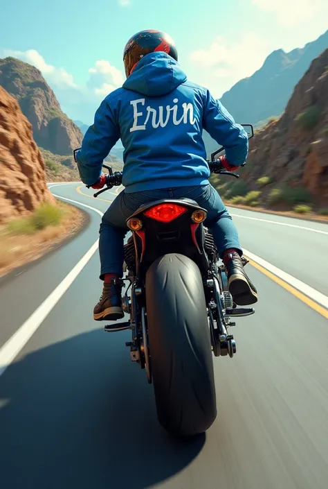 A motorcycle pulsing on a road and the owner's feet in a blue jacket that bears the name of Ervin