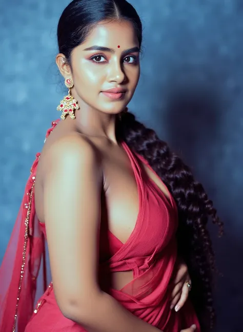 indian slim women with long tied hair, thick breast,, thick ass, thick thighs, woman wearing Georgette transparent saree, sweating lot, sweat drops visible, deep belly button, nipple popping out. Erotic image, wearing jewels