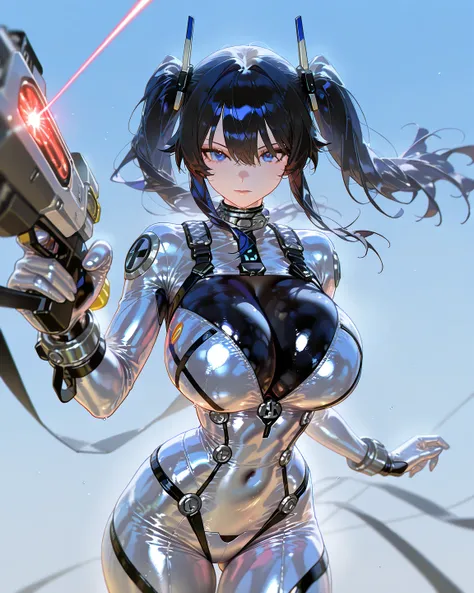       8k wallpaper、masterpiece、最            High Quality            、            High Quality            、          very aesthetic,           absurd,  up to date,              1 female、silver cybersuit、 latex suit、Cross Top、 black hair、 twin tails、 beautif...