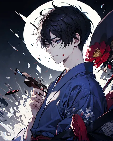 Create an ultra detailed HD image, male boy,  detailed face HD, wounds, Yukata, kimono, beautiful black eyes, cabello negro, ,  white skin,  profiled nose,  grim expression ,  Japanese temple, transparent particles, courteous, blood. 