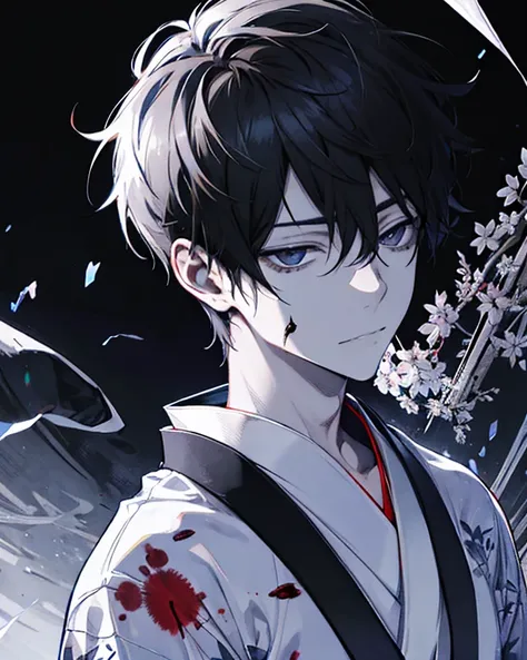 Create an ultra detailed HD image, male boy,  detailed face HD, wounds, Yukata, kimono, beautiful black eyes, cabello negro, ,  white skin,  profiled nose,  grim expression ,  Japanese temple, transparent particles, courteous, blood. 