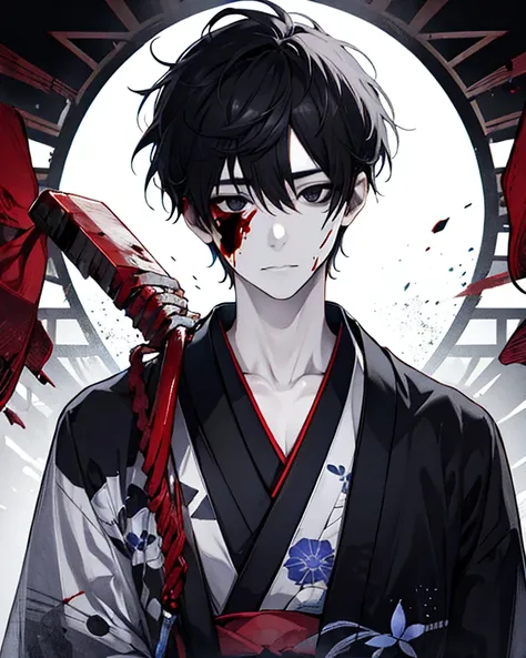 Create an ultra detailed HD image, male boy,  detailed face HD,  wounds on his face , Yukata, kimono, beautiful black eyes, cabello negro, ,  white skin,  profiled nose,  grim expression ,  Japanese temple , transparent particles, courteous, blood. 