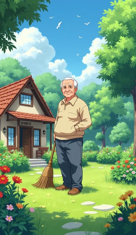 father sweeps yard in garden at country house . Create an image in the style of animated anime 