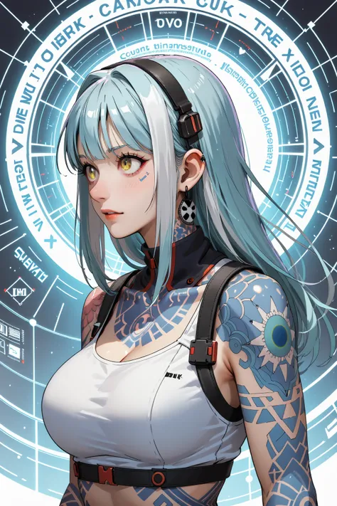 Score_9, score_8_up, score_7_up, source_anime, detailed 90s anime style, rating_safe, rating_questionable;; Lyra, sliver hair, large breasts, haply and dumb expression, ornament tattoo, tattoo lines, tattoo honeycomb, geometry tattoo, cyberpunk tattoo, dot...