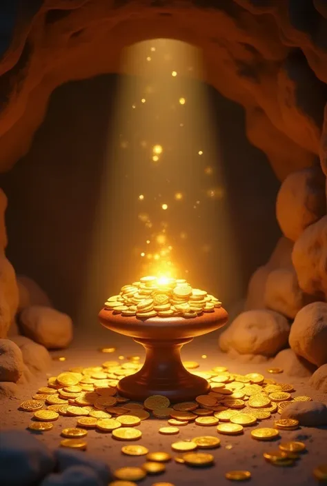 Inside the Cave: Guha ke andar pura khazana—gold coins, jeweled crowns, aur shining stones har jagah bikhre hain. Ek diya ek pedestal par rakha hai jo safed aur golden light emit kar raha hai. Background mein ek magical humming sound chal rahi hai.3d pixar...