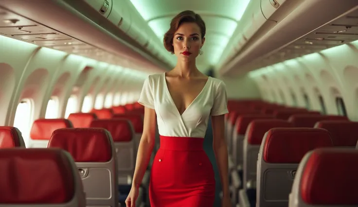 Ultra realistic, close-up, (photorealism:1.2), young sexy beautiful European female flight attendant, beautiful face, colored eyes, thin lips, barely dressed, allured chest, perfect breasts, white cleavage, slim waist, hips, legs with high shoes, cute butt...